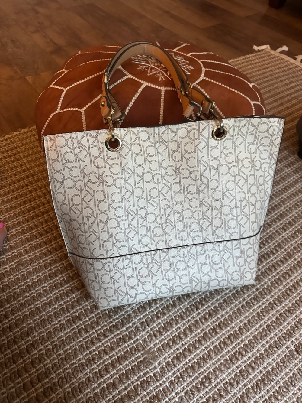 Calvin Klein Cream and Tan Monogram Tote